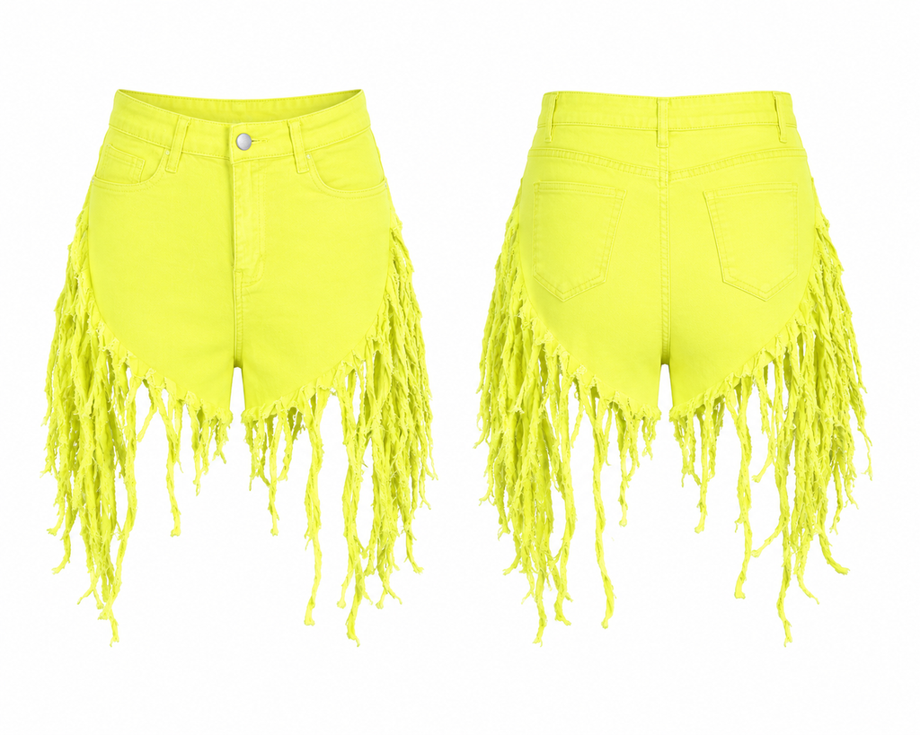Neon Fringe Denim Shorts