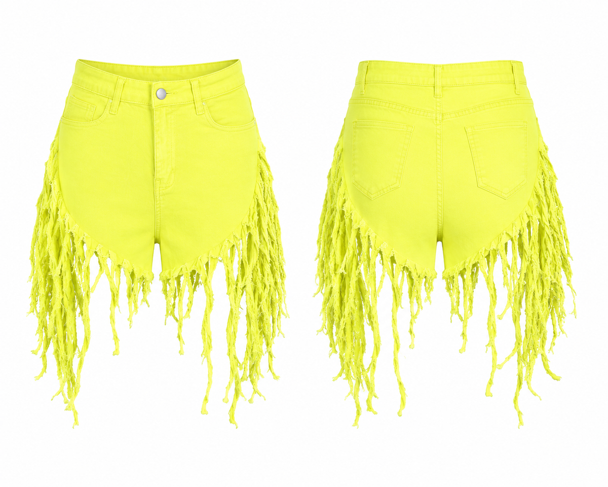 Neon Fringe Denim Shorts